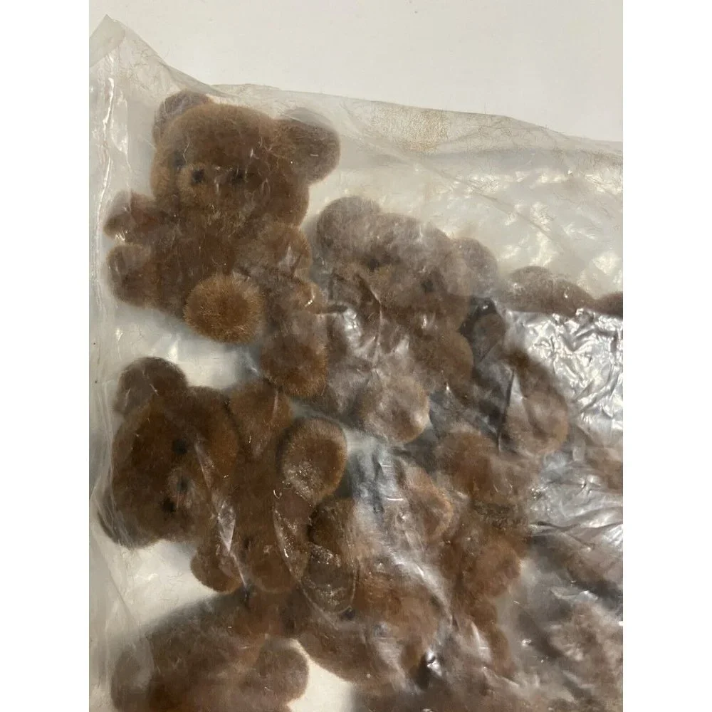 Vintage Set of 12 Tiny Brown Teddy Bears Flocked Plastic